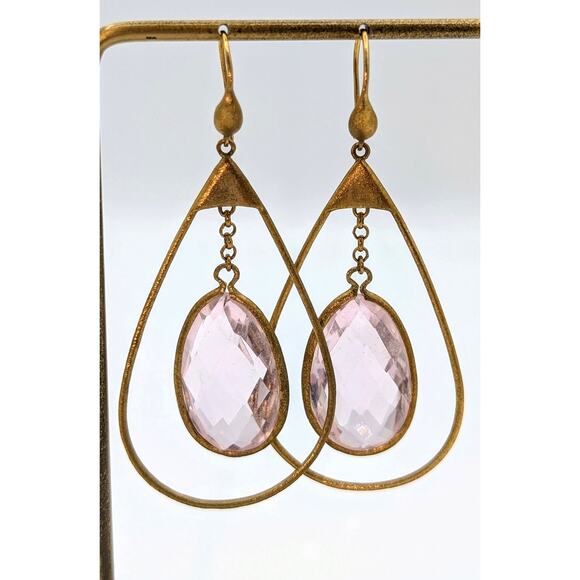 Gold Tone Wire Teardrop Large Pale Pink Faceted Glass Dangle Earrings - Picture 1 of 5